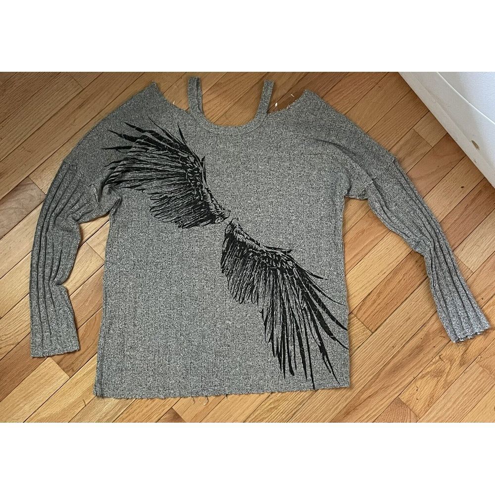 Vocal Women's Long Sleeve Cold Shoulder Shirt Affliction Style Angel Wing Sz S